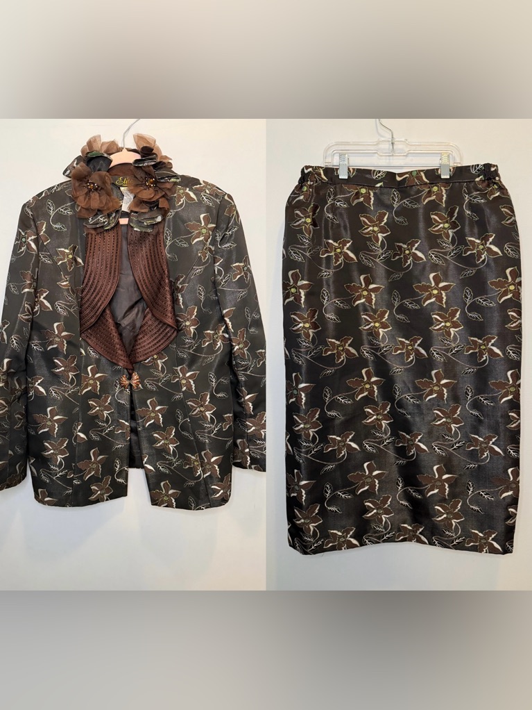 Elite Champagne Metallic Floral Skirt Suit 2pc Set Size 16